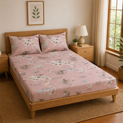 World Map Print Double Bedsheet with 2 Pillow Covers | Soft Cotton Summer Bedding Set (Green)