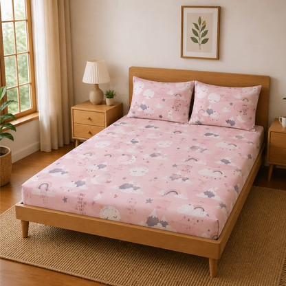 Pink Moon and Stars Print Double Bedsheet with 2 Pillow Covers | Soft Cotton Kids Bedding Set (White)