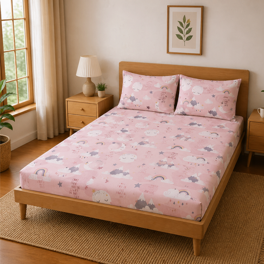 Pink Moon and Stars Print Double Bedsheet with 2 Pillow Covers | Soft Cotton Kids Bedding Set (White)