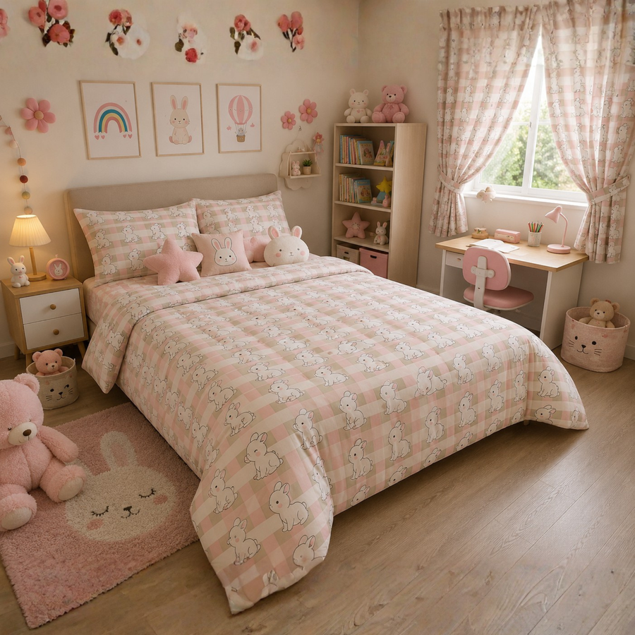 Cute Bunny Kids Cushion Cover Set of 5 – 16x16 Inch Soft Pastel Rabbit Print Decorative Cushions for Nursery & Kids Room