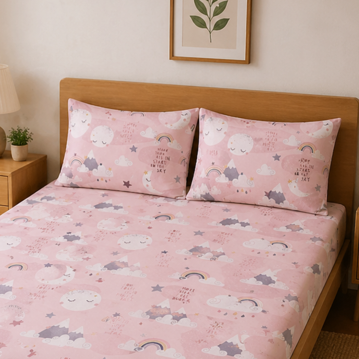 Pink Moon and Stars Print Double Bedsheet with 2 Pillow Covers | Soft Cotton Kids Bedding Set (White)