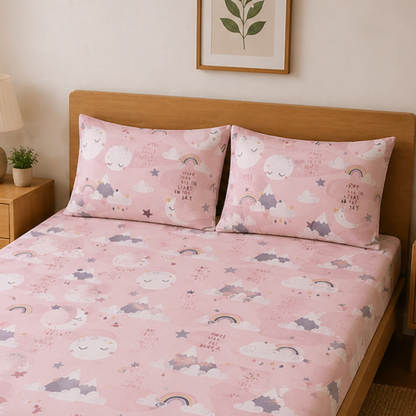 Pink Moon and Stars Print Double Bedsheet with 2 Pillow Covers | Soft Cotton Kids Bedding Set (White)