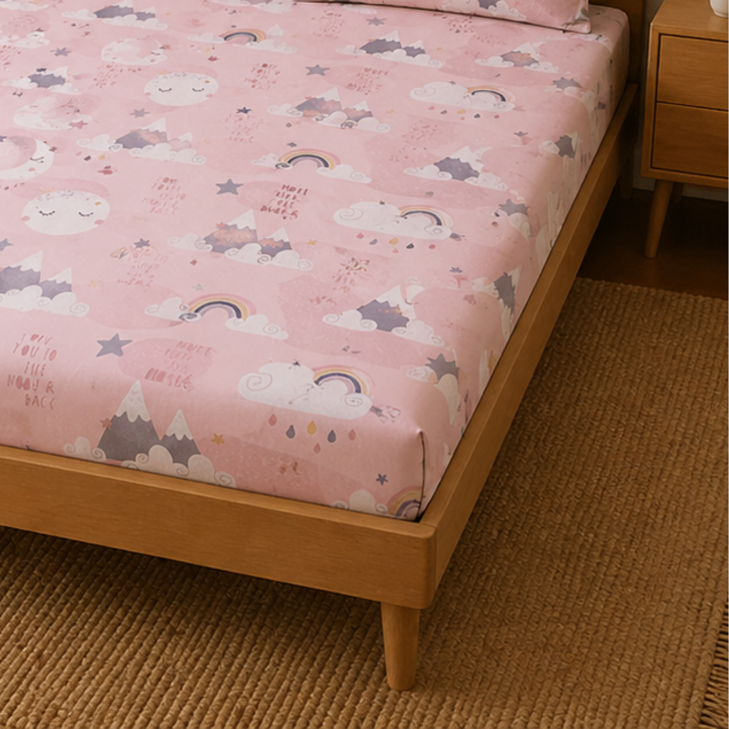 Pink Moon and Stars Print Double Bedsheet with 2 Pillow Covers | Soft Cotton Kids Bedding Set (White)