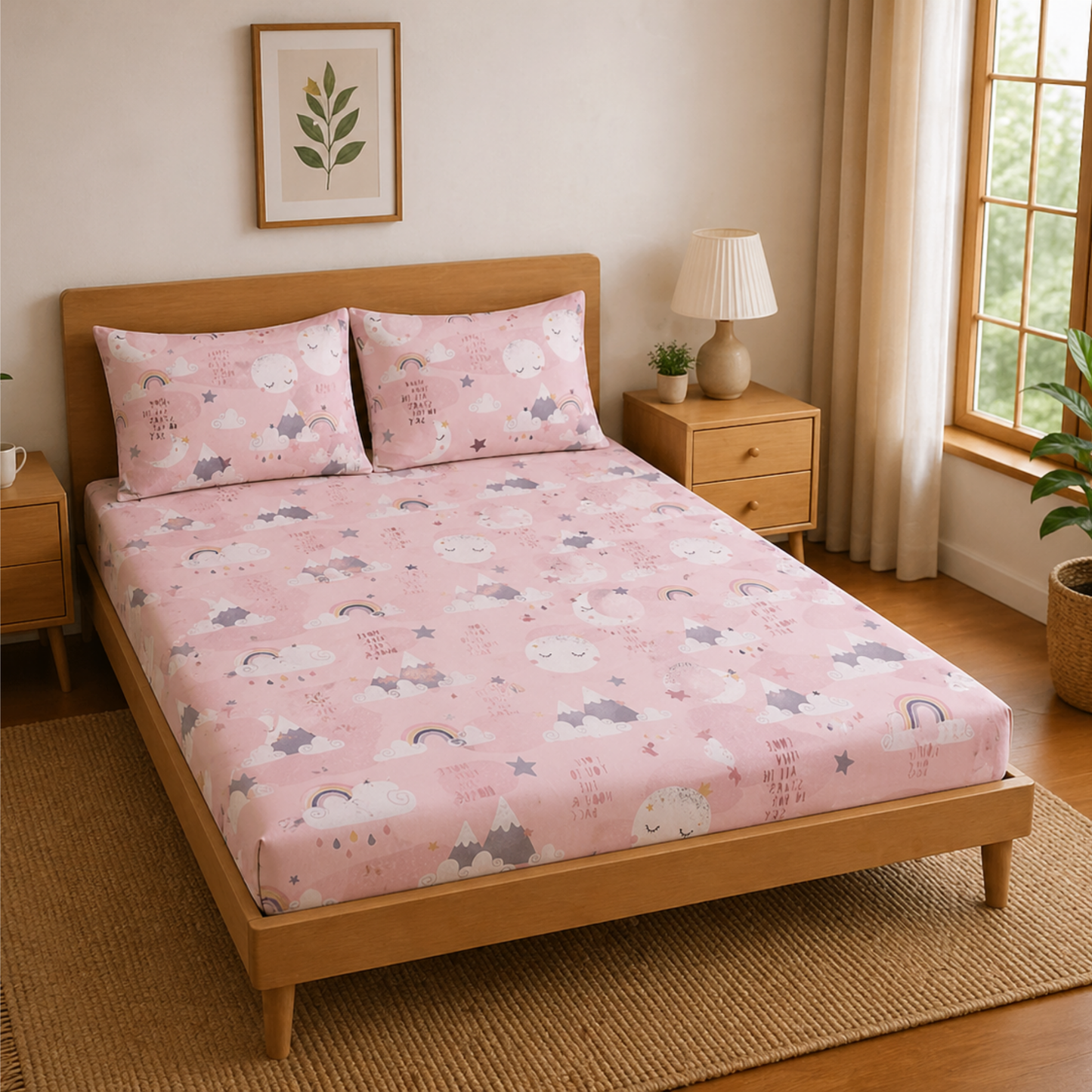 Pink Moon and Stars Print Double Bedsheet with 2 Pillow Covers | Soft Cotton Kids Bedding Set (White)