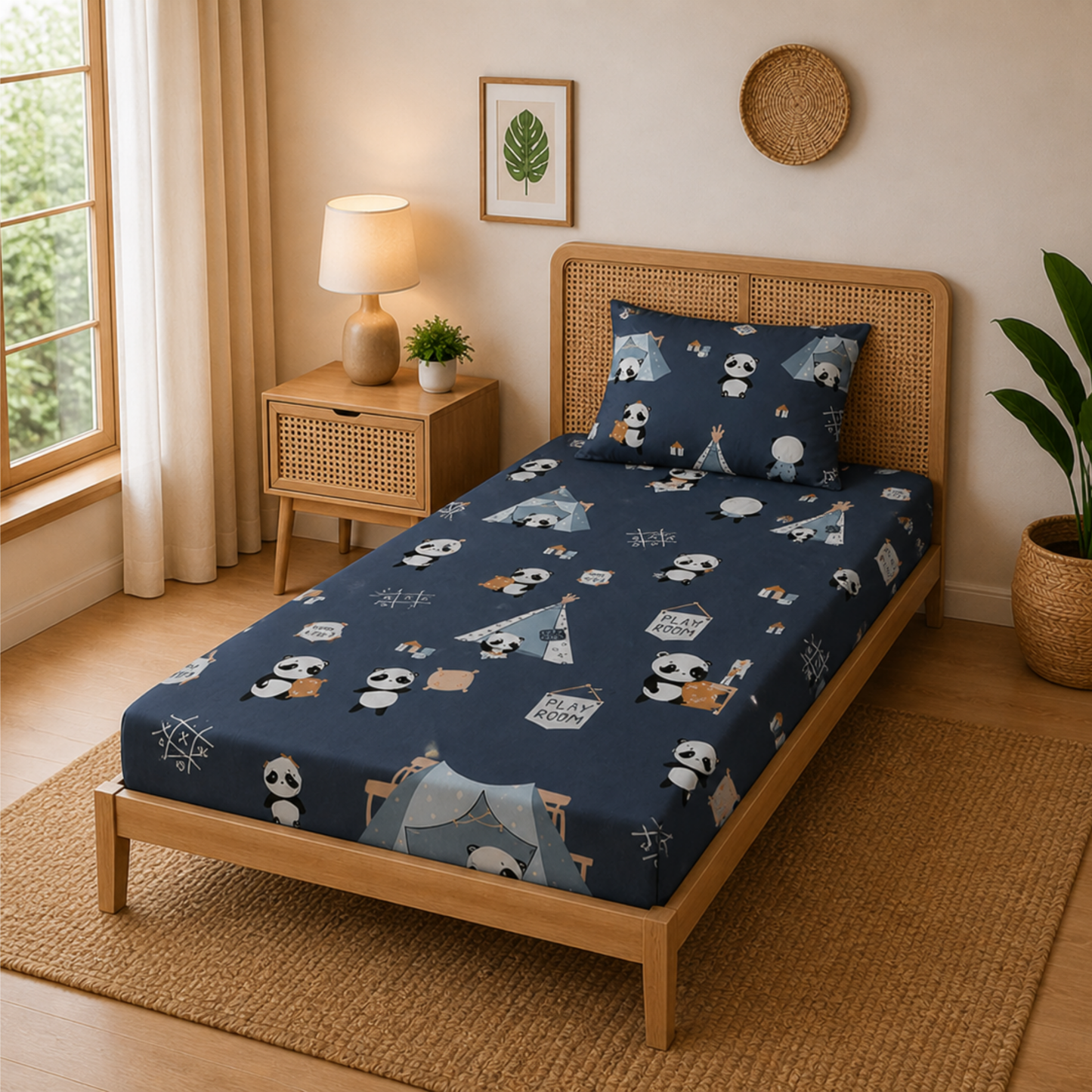 Navy Blue Cute Panda Born Fire Print Single Bedsheet with 1 Pillow Cover | Soft Cotton Cute Bedding Set