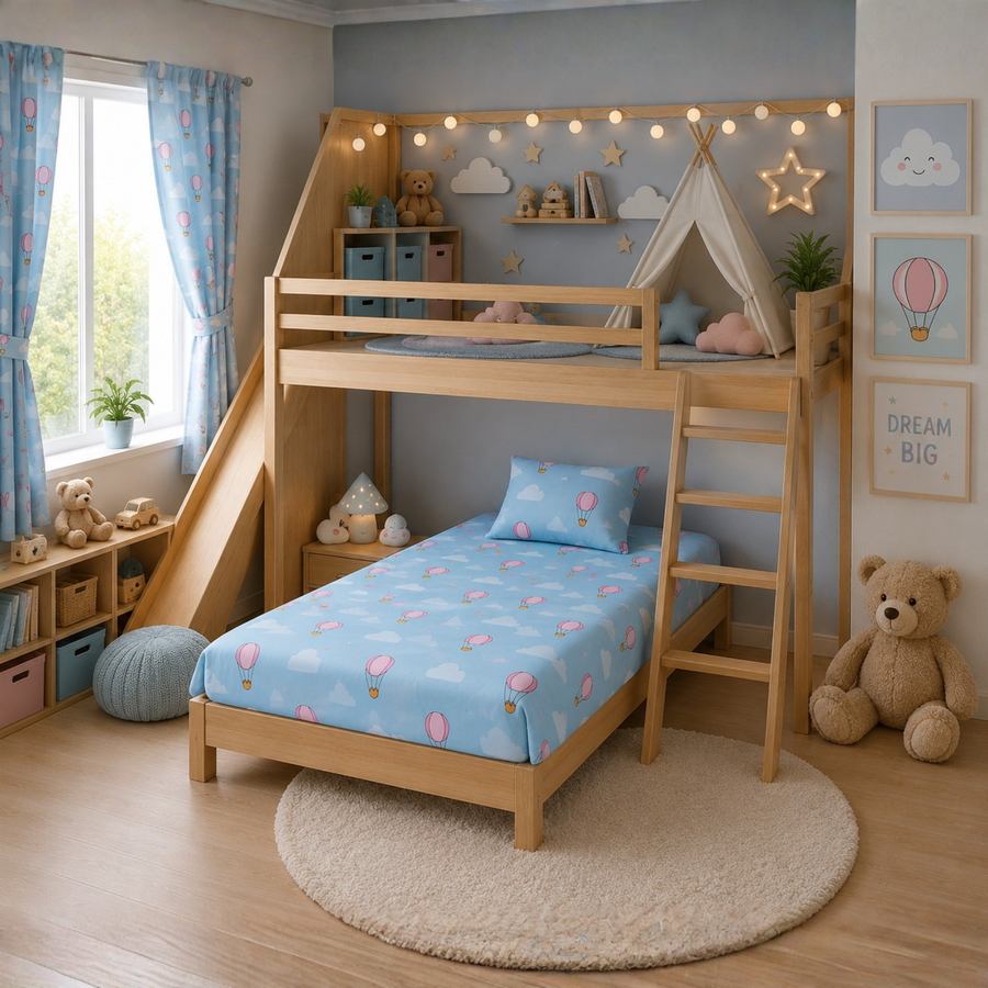 Hot Air Balloon Single Bed Comforter Set for Kids – Soft Comforter, Bedsheet & Pillow Cover | 3 Piece Bedding Set