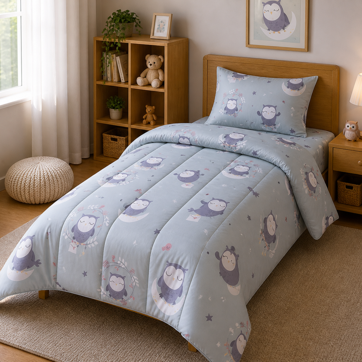 Pure Cotton Owl Print Single Bed Comforter Set – 3 Pc Kids Bedding with Bedsheet & Pillow Cover