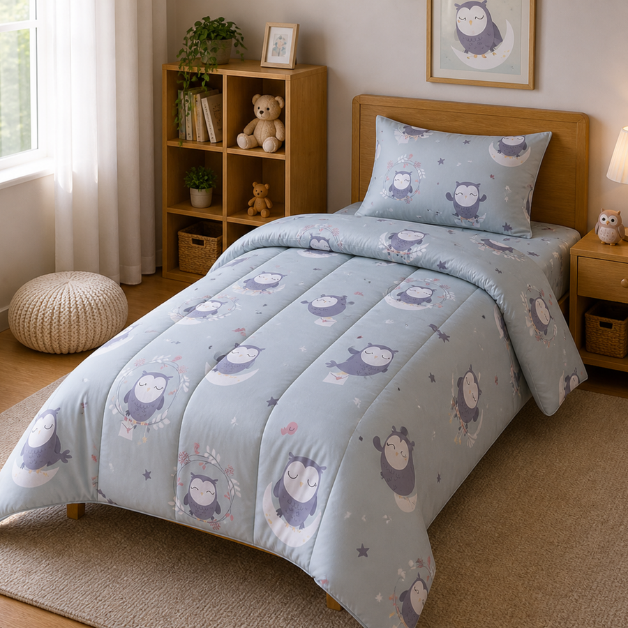 Pure Cotton Owl Print Single Bed Comforter Set – 3 Pc Kids Bedding with Bedsheet & Pillow Cover
