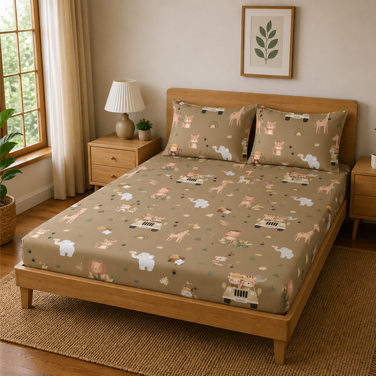 Forest Animal Print Double Bedsheet with 2 Pillow Covers | Soft Cotton Kids Bedding Set (Beige Multicolor)