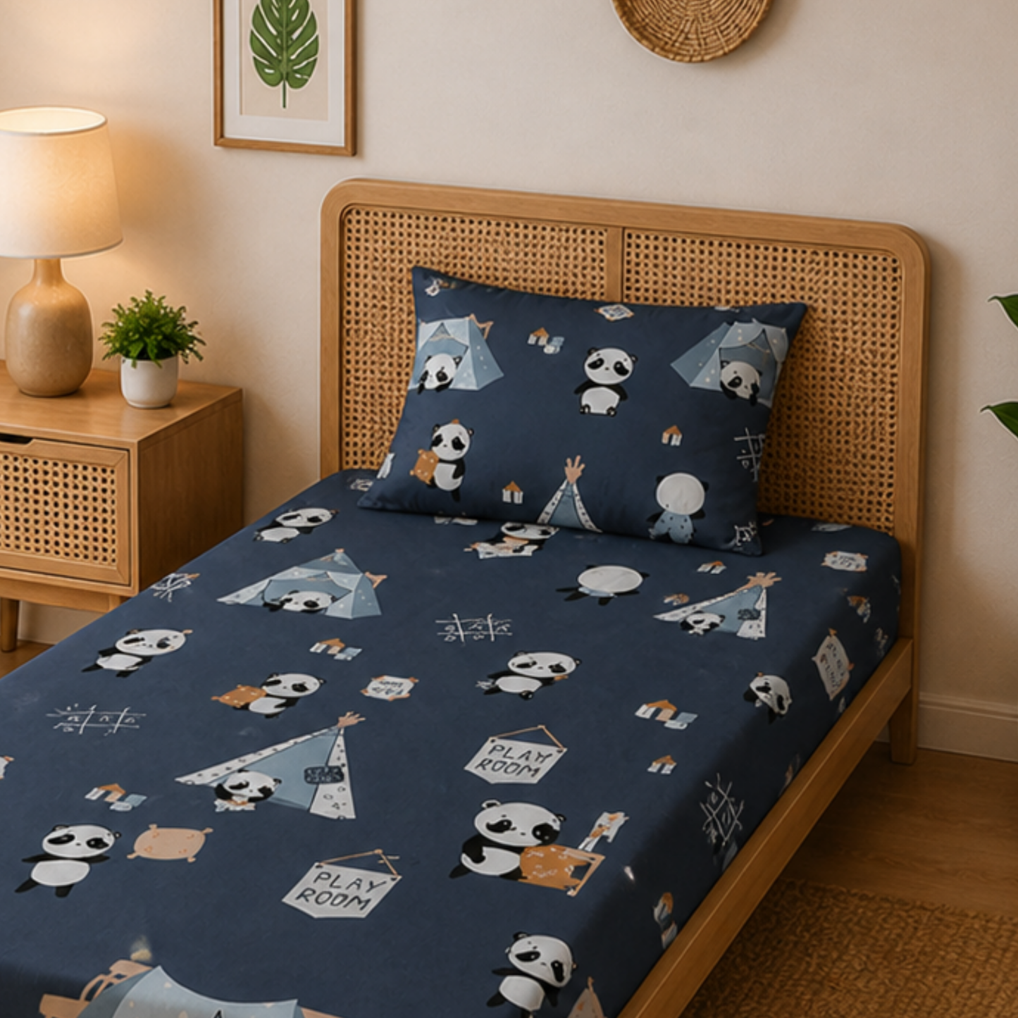 Navy Blue Cute Panda Born Fire Print Single Bedsheet with 1 Pillow Cover | Soft Cotton Cute Bedding Set
