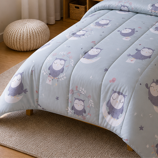 Pure Cotton Owl Print Single Bed Comforter Set – 3 Pc Kids Bedding with Bedsheet & Pillow Cover