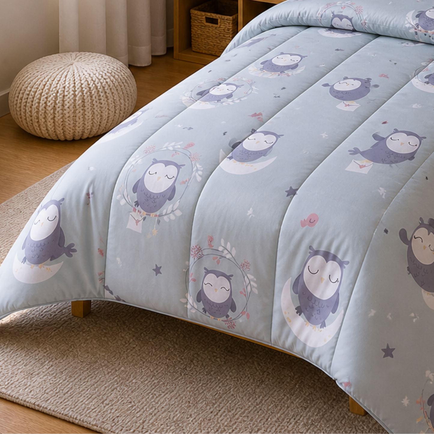 Pure Cotton Owl Print Single Bed Comforter Set – 3 Pc Kids Bedding with Bedsheet & Pillow Cover