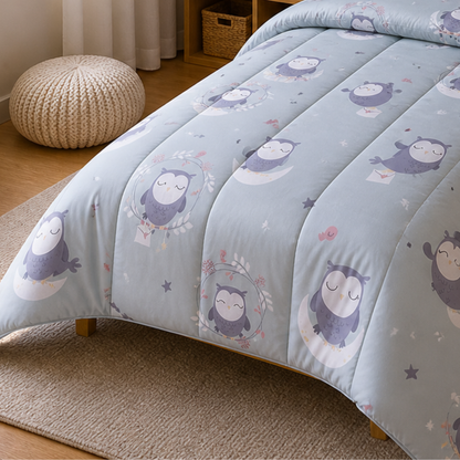 Pure Cotton Owl Print Single Bed Comforter Set – 3 Pc Kids Bedding with Bedsheet & Pillow Cover