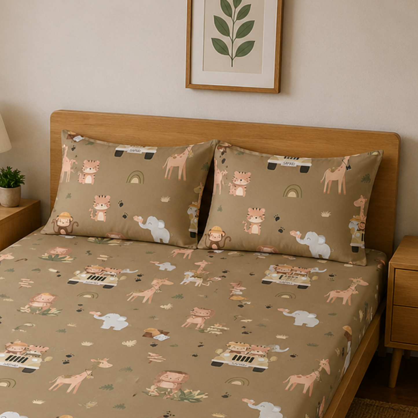 Forest Animal Print Double Bedsheet with 2 Pillow Covers | Soft Cotton Kids Bedding Set (Beige Multicolor)