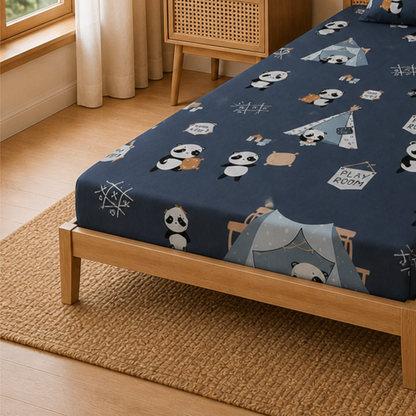 Navy Blue Cute Panda Born Fire Print Single Bedsheet with 1 Pillow Cover | Soft Cotton Cute Bedding Set