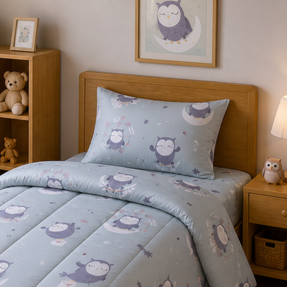 Pure Cotton Owl Print Single Bed Comforter Set – 3 Pc Kids Bedding with Bedsheet & Pillow Cover