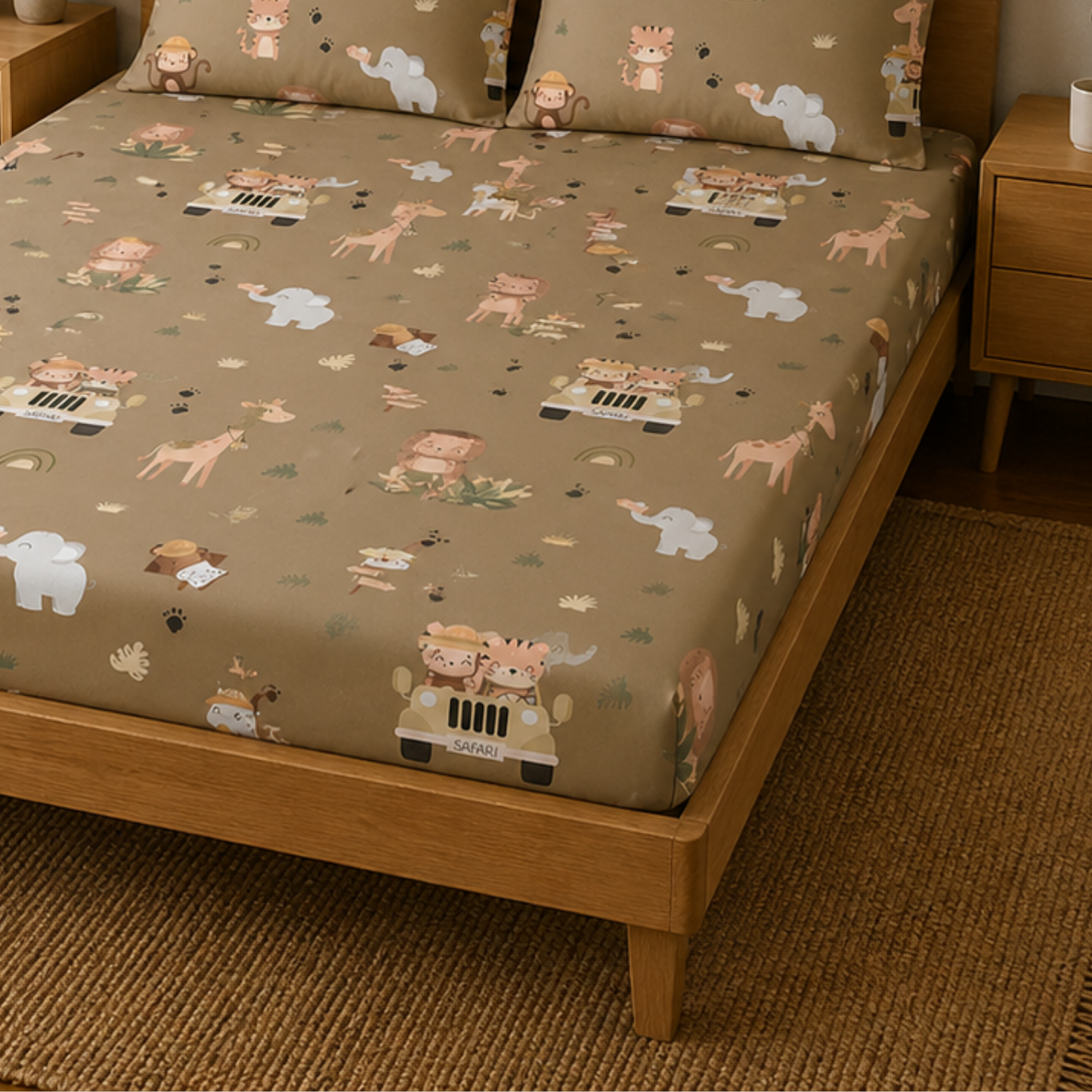 Forest Animal Print Double Bedsheet with 2 Pillow Covers | Soft Cotton Kids Bedding Set (Beige Multicolor)