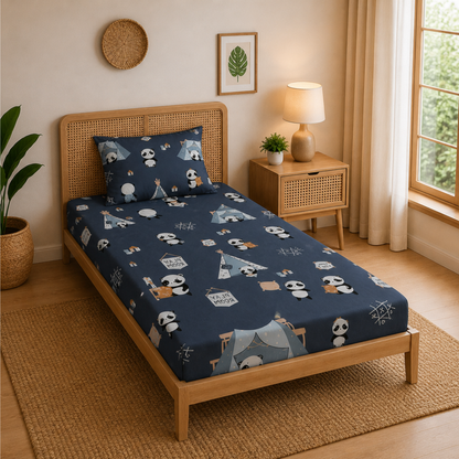 Navy Blue Cute Panda Born Fire Print Single Bedsheet with 1 Pillow Cover | Soft Cotton Cute Bedding Set