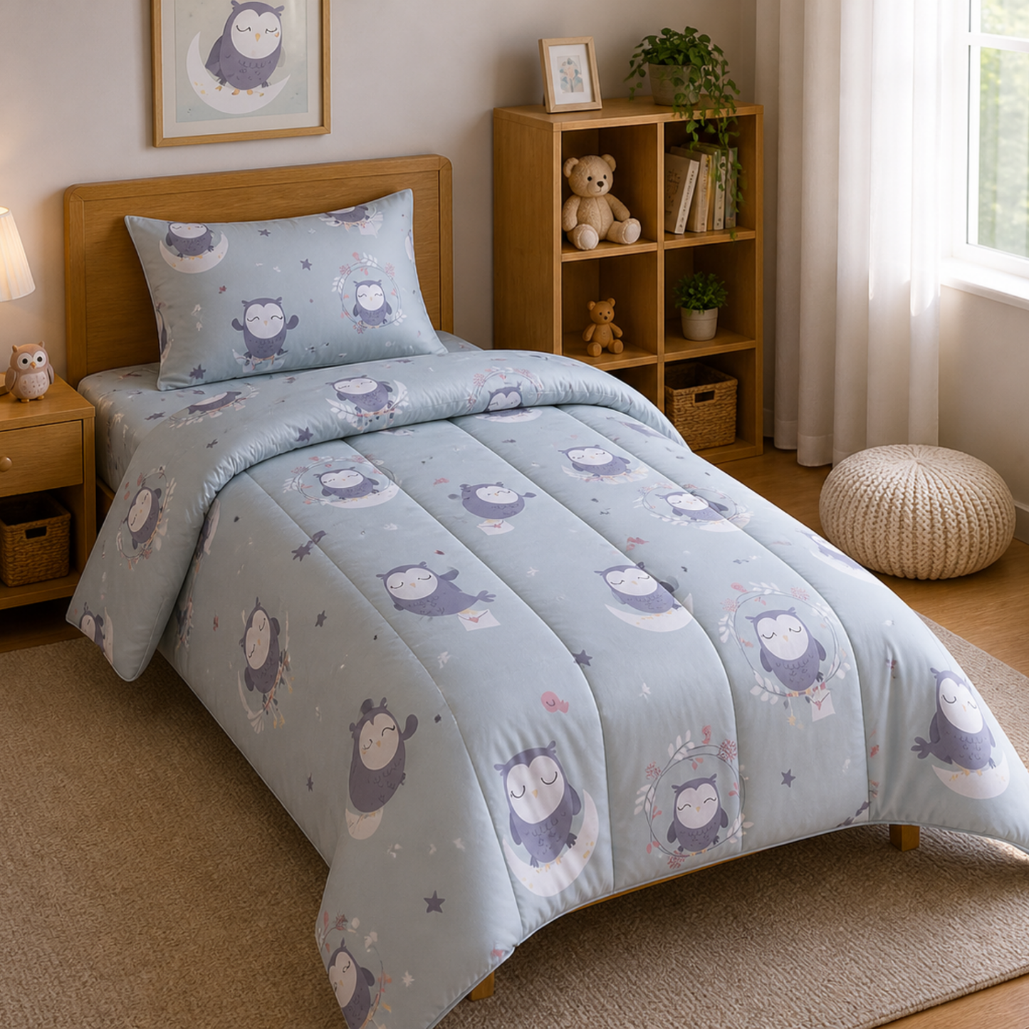 Pure Cotton Owl Print Single Bed Comforter Set – 3 Pc Kids Bedding with Bedsheet & Pillow Cover