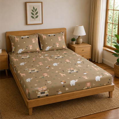 Forest Animal Print Double Bedsheet with 2 Pillow Covers | Soft Cotton Kids Bedding Set (Beige Multicolor)