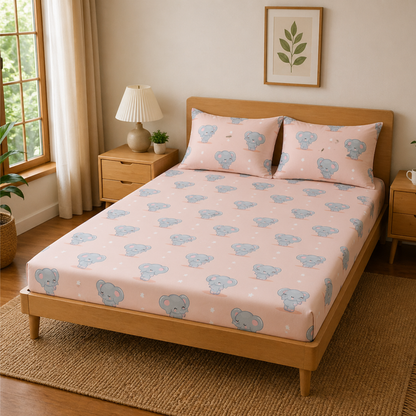 Peach Cute Elephant Print Double Bedsheet with 2 Pillow Covers | Soft Cotton Kids Bedding Set