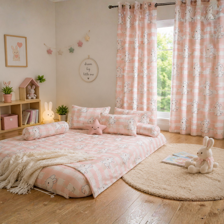 Cute Bunny Kids Cushion Cover Set of 5 – 16x16 Inch Soft Pastel Rabbit Print Decorative Cushions for Nursery & Kids Room