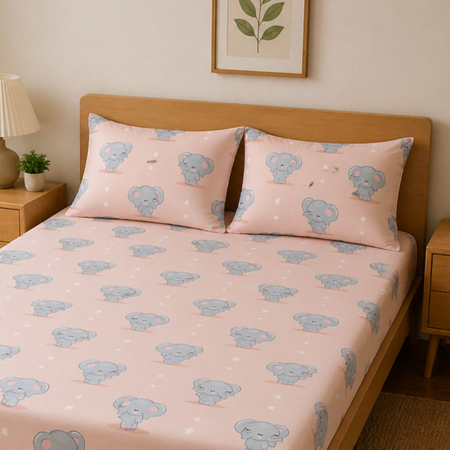 Peach Cute Elephant Print Double Bedsheet with 2 Pillow Covers | Soft Cotton Kids Bedding Set