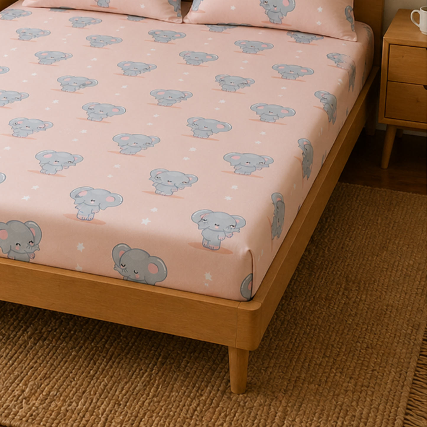 Peach Cute Elephant Print Double Bedsheet with 2 Pillow Covers | Soft Cotton Kids Bedding Set