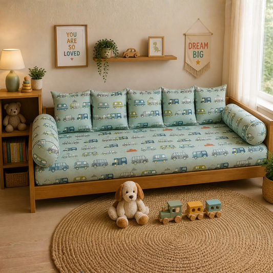 Cute Vintage Cars Kids Diwan Set – 8 Pieces Soft Cotton Sofa Cum Bed Set for Nursery & Kids Room