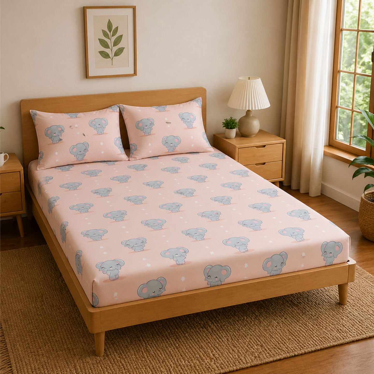 Peach Cute Elephant Print Double Bedsheet with 2 Pillow Covers | Soft Cotton Kids Bedding Set