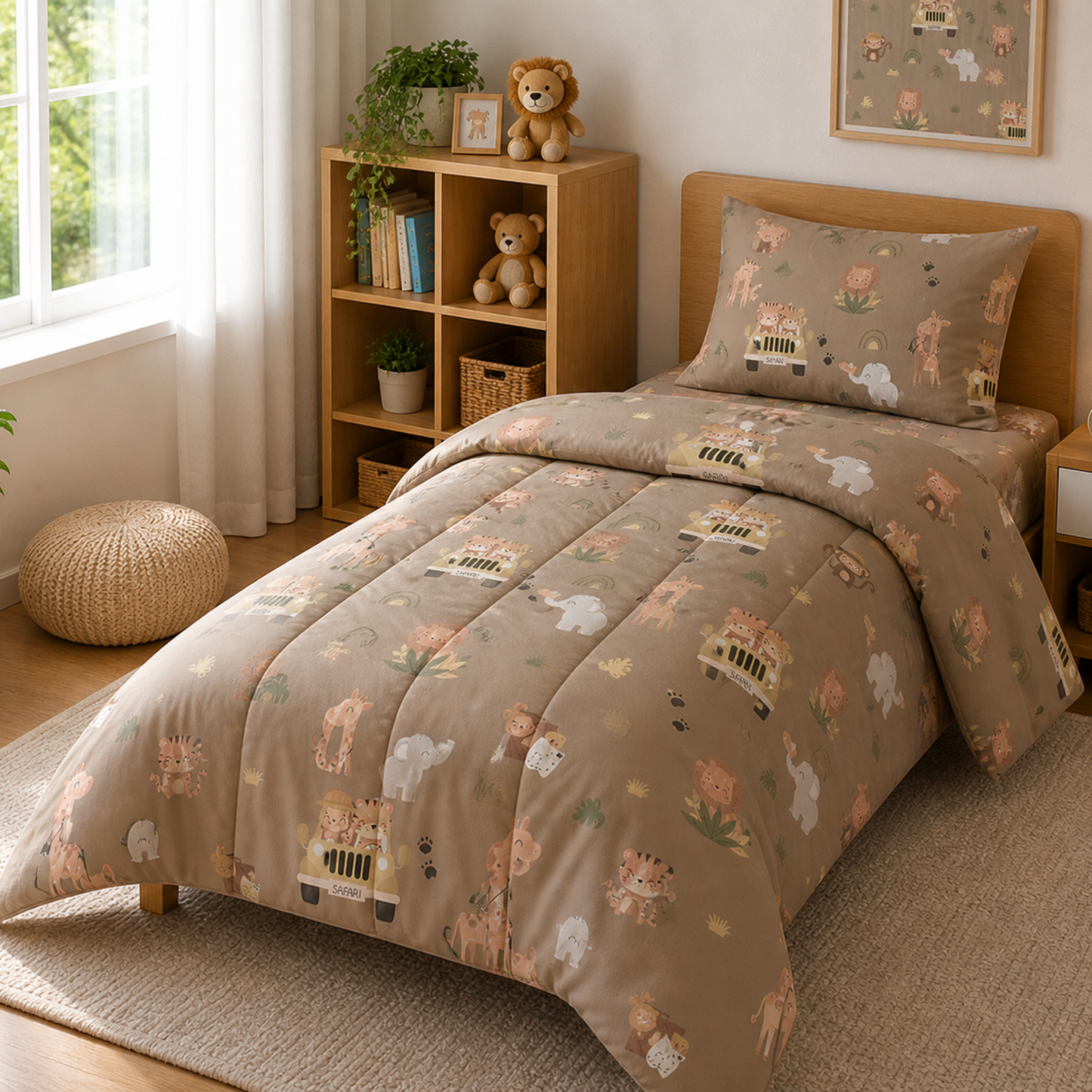 Pure Cotton Jungle Safari Single Bed Comforter Set – 3 Pc Kids Bedding with Bedsheet & Pillow Cover