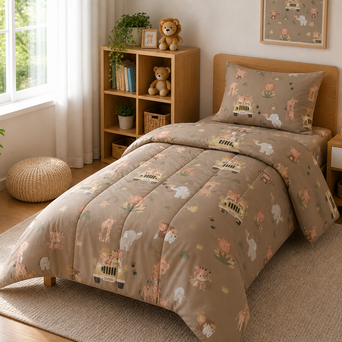 Pure Cotton Jungle Safari Single Bed Comforter Set – 3 Pc Kids Bedding with Bedsheet & Pillow Cover