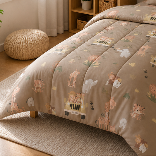 Pure Cotton Jungle Safari Single Bed Comforter Set – 3 Pc Kids Bedding with Bedsheet & Pillow Cover
