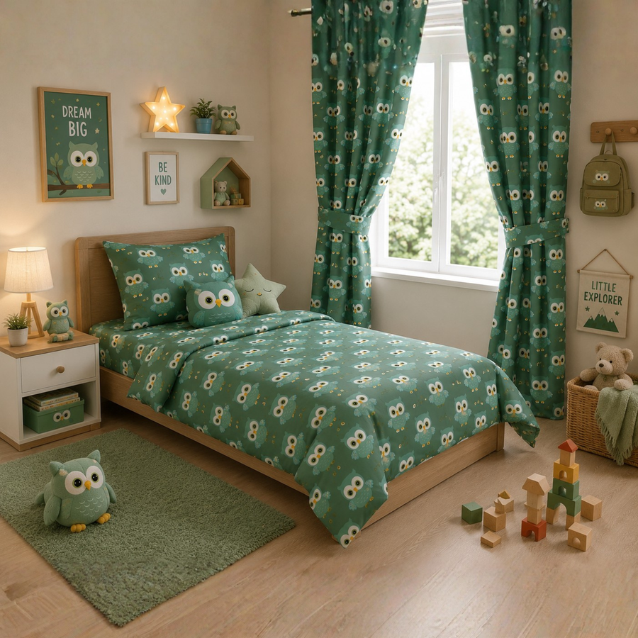Green Cute Owl Print Single Bedsheet with 1 Pillow Cover | Soft Cotton Kids Bedding Set