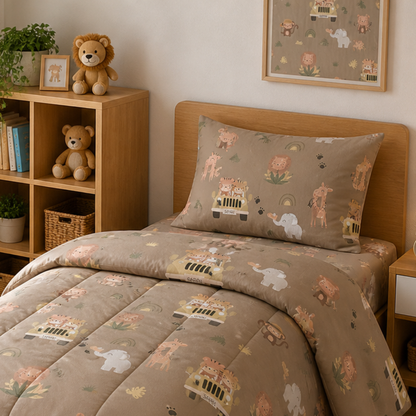 Pure Cotton Jungle Safari Single Bed Comforter Set – 3 Pc Kids Bedding with Bedsheet & Pillow Cover