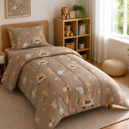 Pure Cotton Jungle Safari Single Bed Comforter Set – 3 Pc Kids Bedding with Bedsheet & Pillow Cover