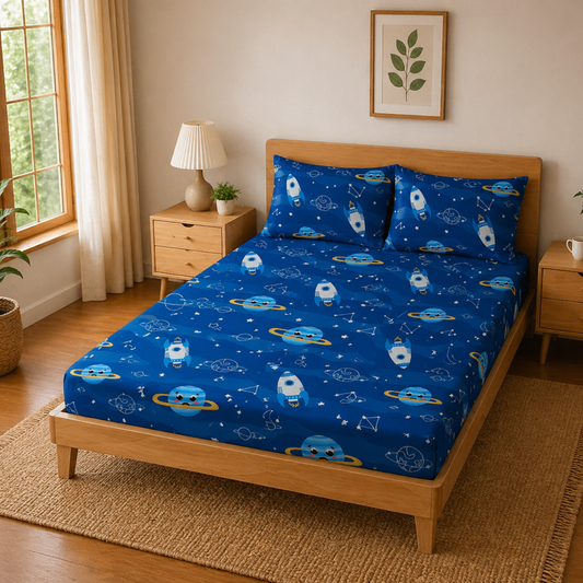 Blue Solar System Print Double Bedsheet with 2 Pillow Covers | Soft Cotton Kids Bedding Set (Blue)