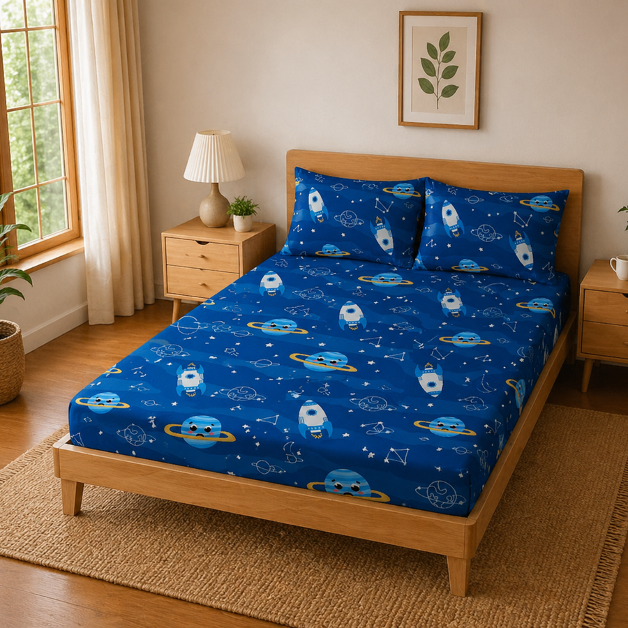Blue Solar System Print Double Bedsheet with 2 Pillow Covers | Soft Cotton Kids Bedding Set (Blue)