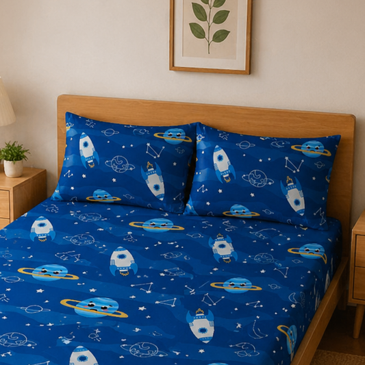 Blue Solar System Print Double Bedsheet with 2 Pillow Covers | Soft Cotton Kids Bedding Set (Blue)
