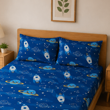 Blue Solar System Print Double Bedsheet with 2 Pillow Covers | Soft Cotton Kids Bedding Set (Blue)