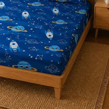 Blue Solar System Print Double Bedsheet with 2 Pillow Covers | Soft Cotton Kids Bedding Set (Blue)