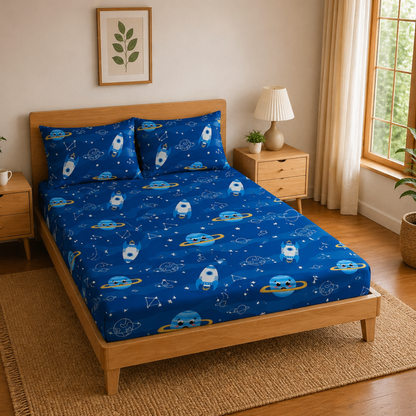 Blue Solar System Print Double Bedsheet with 2 Pillow Covers | Soft Cotton Kids Bedding Set (Blue)