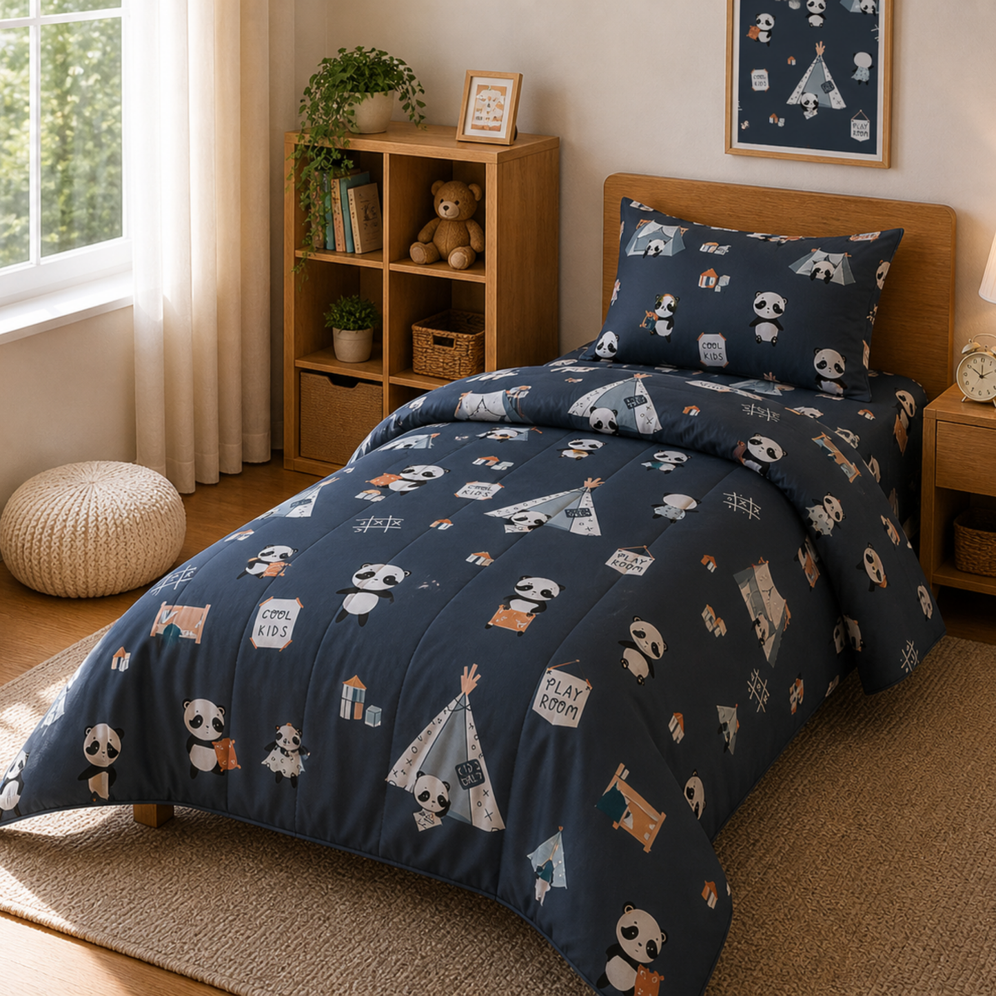 Pure Cotton Panda Print Single Bed Comforter Set – 3 Pc Kids Bedding with Bedsheet & Pillow Cover