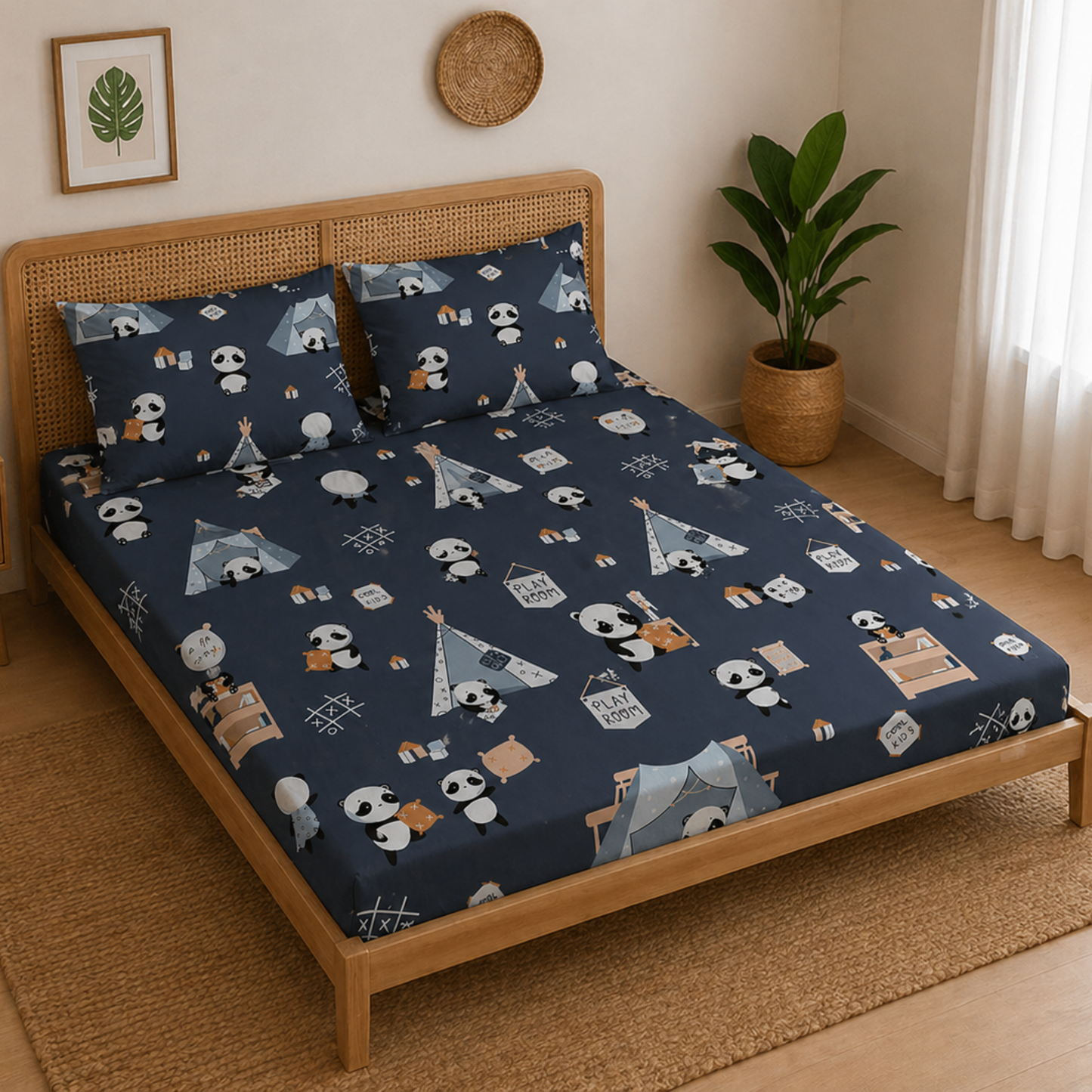 Navy Blue Panda in Camp Print Double Bedsheet with 2 Pillow Covers | Soft Cotton Kids Bedding Set