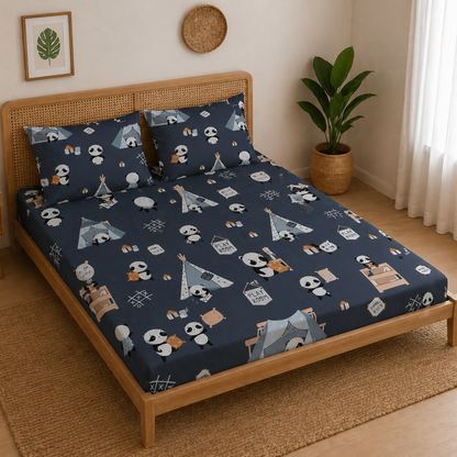 Navy Blue Panda in Camp Print Double Bedsheet with 2 Pillow Covers | Soft Cotton Kids Bedding Set