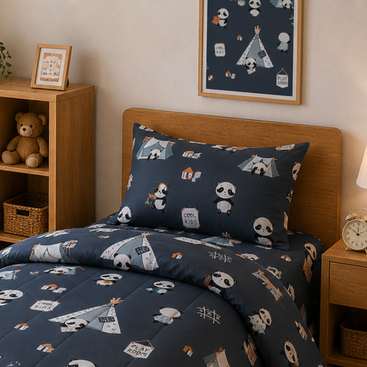 Pure Cotton Panda Print Single Bed Comforter Set – 3 Pc Kids Bedding with Bedsheet & Pillow Cover