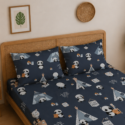 Navy Blue Panda in Camp Print Double Bedsheet with 2 Pillow Covers | Soft Cotton Kids Bedding Set
