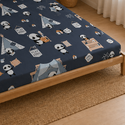 Navy Blue Panda in Camp Print Double Bedsheet with 2 Pillow Covers | Soft Cotton Kids Bedding Set
