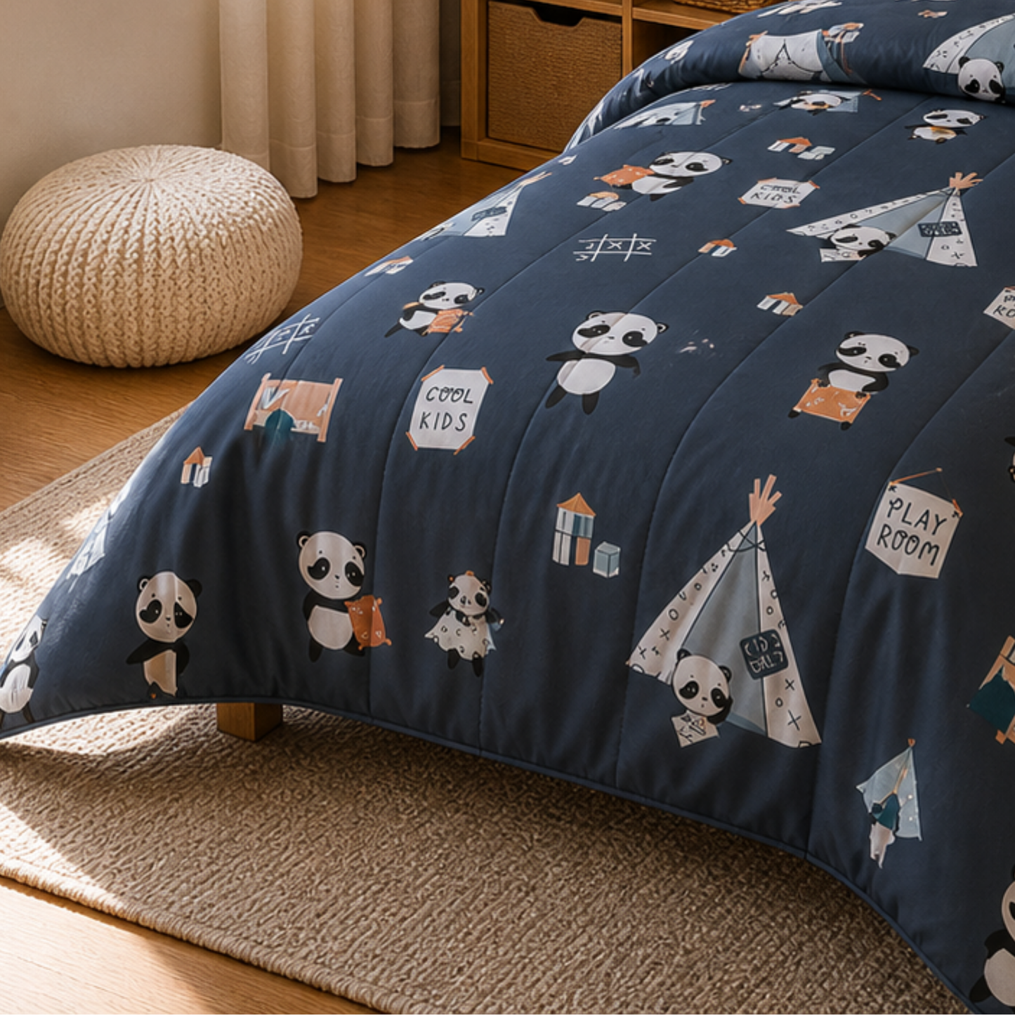 Pure Cotton Panda Print Single Bed Comforter Set – 3 Pc Kids Bedding with Bedsheet & Pillow Cover