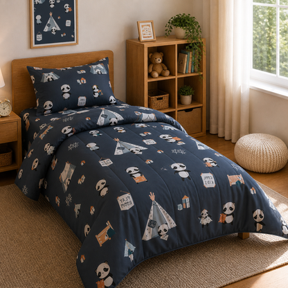 Pure Cotton Panda Print Single Bed Comforter Set – 3 Pc Kids Bedding with Bedsheet & Pillow Cover
